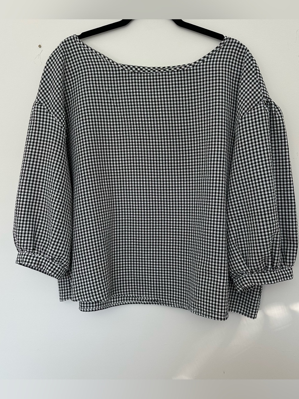 SHEIN Black & White Gingham Balloon-Sleeve Blouse